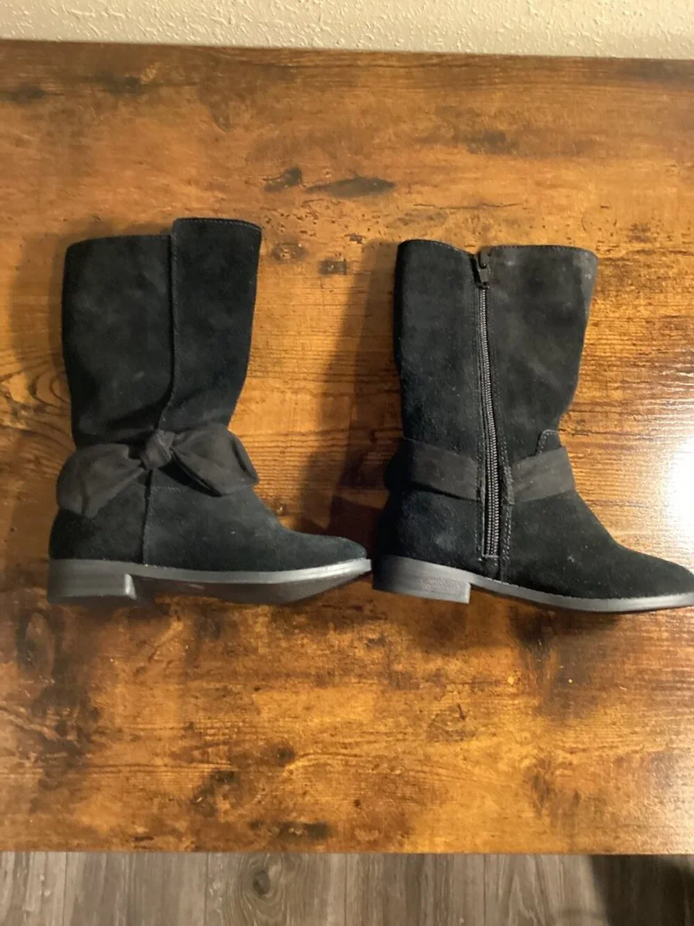 Girls Black Knee-High Faux Suede Boots with Bow Detail